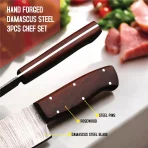 3pcs Damascus Chef Knife Set HandForged Kitchen Knives Leather Sheath Outdoor Hunting Camping Cookware Housewarming Cutlery Gift Craft - Image 2