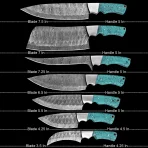 Materials: Aluminium, copper, iron, steel, wood This handcrafted 3-piece knife set features beautifully engraved Damascus-style blades and unique wooden handles with blue inlay accents. Perfect for chefs who value both artistry and performance. Includes a stylish leather carrying case. - Image 4
