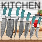 Materials: Aluminium, copper, iron, steel, wood This handcrafted 3-piece knife set features beautifully engraved Damascus-style blades and unique wooden handles with blue inlay accents. Perfect for chefs who value both artistry and performance. Includes a stylish leather carrying case. - Image 3