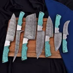 Materials: Aluminium, copper, iron, steel, wood This handcrafted 3-piece knife set features beautifully engraved Damascus-style blades and unique wooden handles with blue inlay accents. Perfect for chefs who value both artistry and performance. Includes a stylish leather carrying case. - Image 6