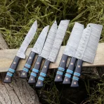 Handmade Damascus Steel Chef Knife Set: Wangi Wood Handle, 7 PCS Engraved gift - Image 4