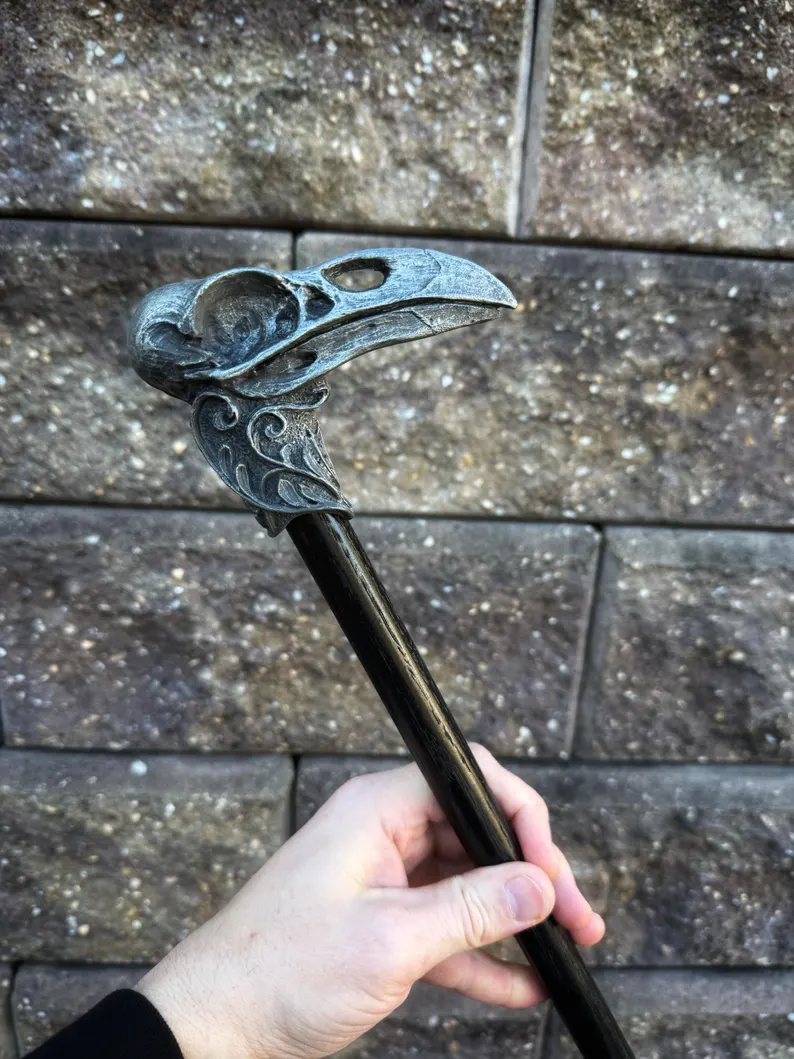 il_794xN.6403897887_e171 Raven Skull Cane, Hand Sculpted Walking Stick | Dark Victorian Gothic Cane | Fantasy Cosplay | Raven Crow Skull Cane, Gothic Accessory - Image 1