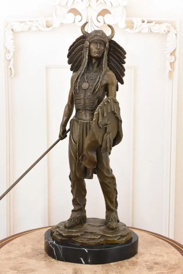 Bronze Apache Warrior Sculpture – Native American Figurine with Spear – Bronze Statue on Marble Base