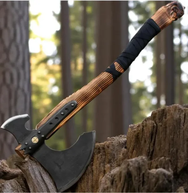 Hand Forged Viking Axe | Double Blade Battle Axe with Carved Wooden Handle | Collectible Medieval Axe Gift for Him