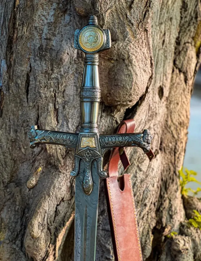 il_794xN.7219297715_lnuv Hand Forged Damascus Steel King Solomon Sword With Leather Sheath, Medieval Sword, Knights Templar - Image 1